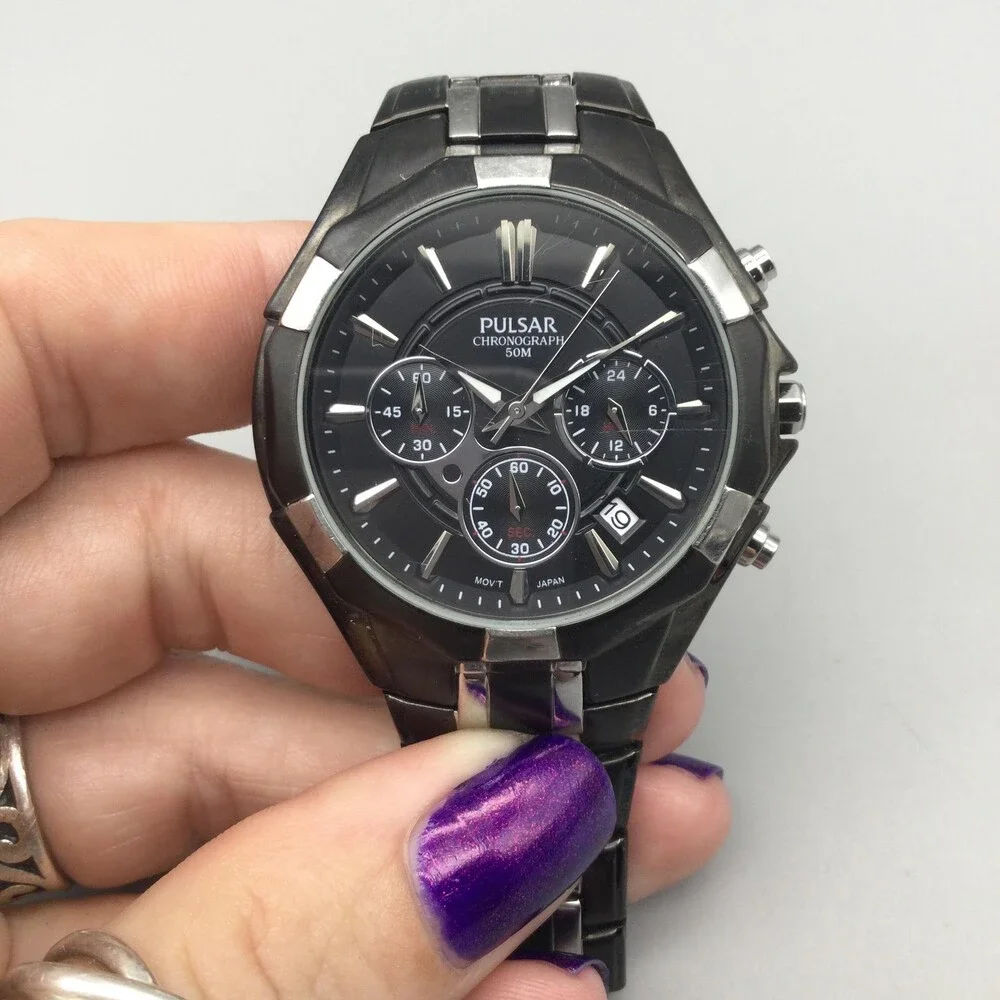 Pulsar Chronograph Mens Watch 38mm Date Stainless VD53-X060 New Battery 6.75